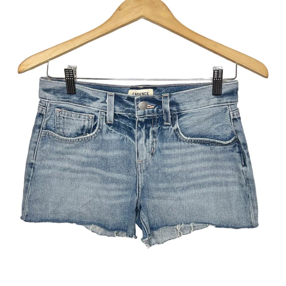 L'AGENCE Women's Ryland High Rise Cut Off Denim Shorts Medium Wash Distressed 25